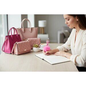 Pink Furry Ballpoint Pen With Decorative Handbag Charm Rhinestone Flower And Bea